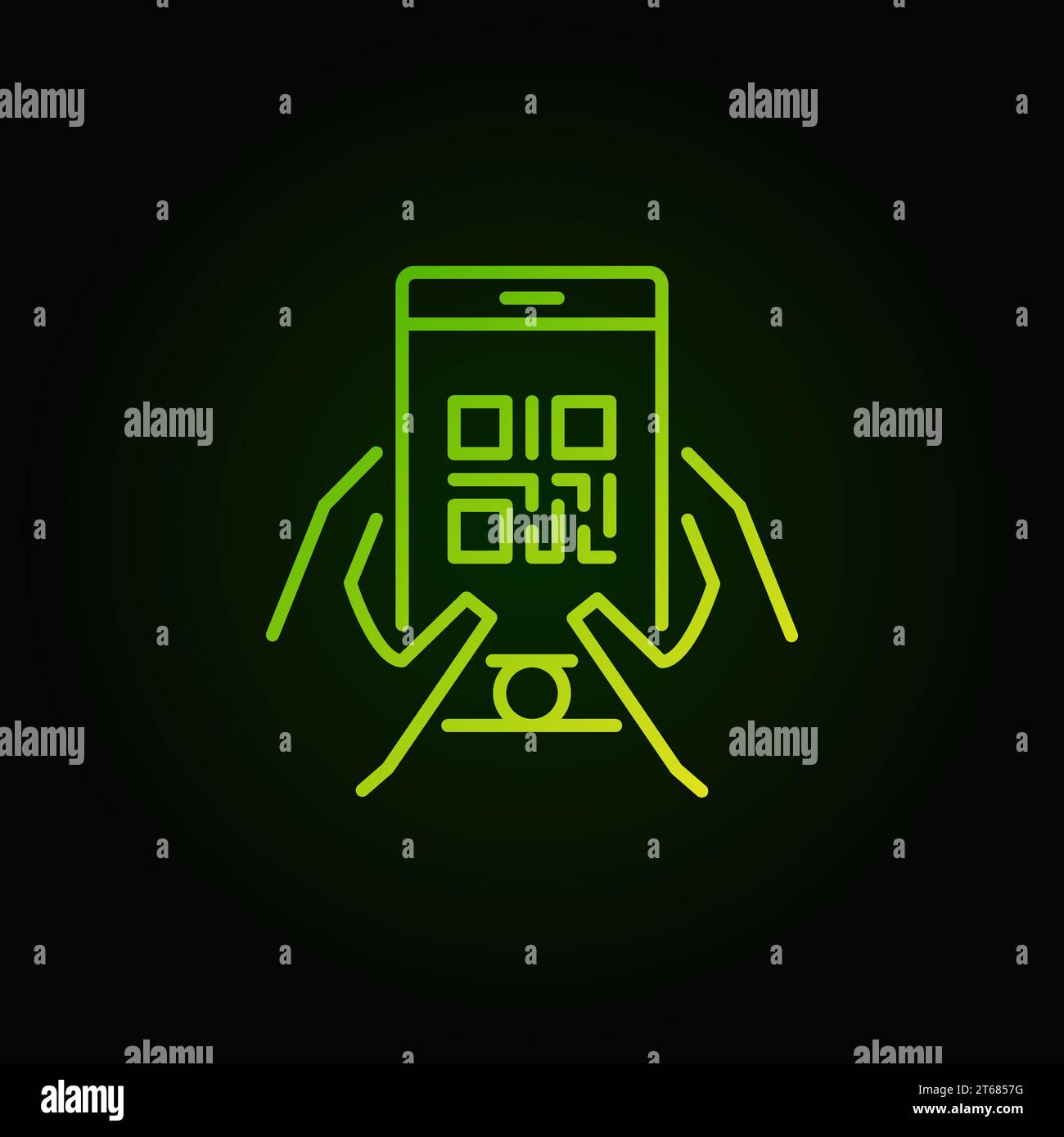 QR code in smartphone green vector icon or symbol in thin line style on dark background Stock Vector
