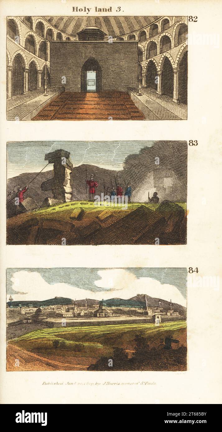 Historical views of the Holy Land. The Church of the Holy Sepulchre 82, the destruction of Jerusalum by Emperor Titus 83 and modern Jerusalem 84. Handcoloured copperplate engraving from Rev. Isaac Taylors Scenes in Asia, for the Amusement and Instruction of Little Tarry-at-Home Travelers, John Harris, London, 1819. Stock Photo