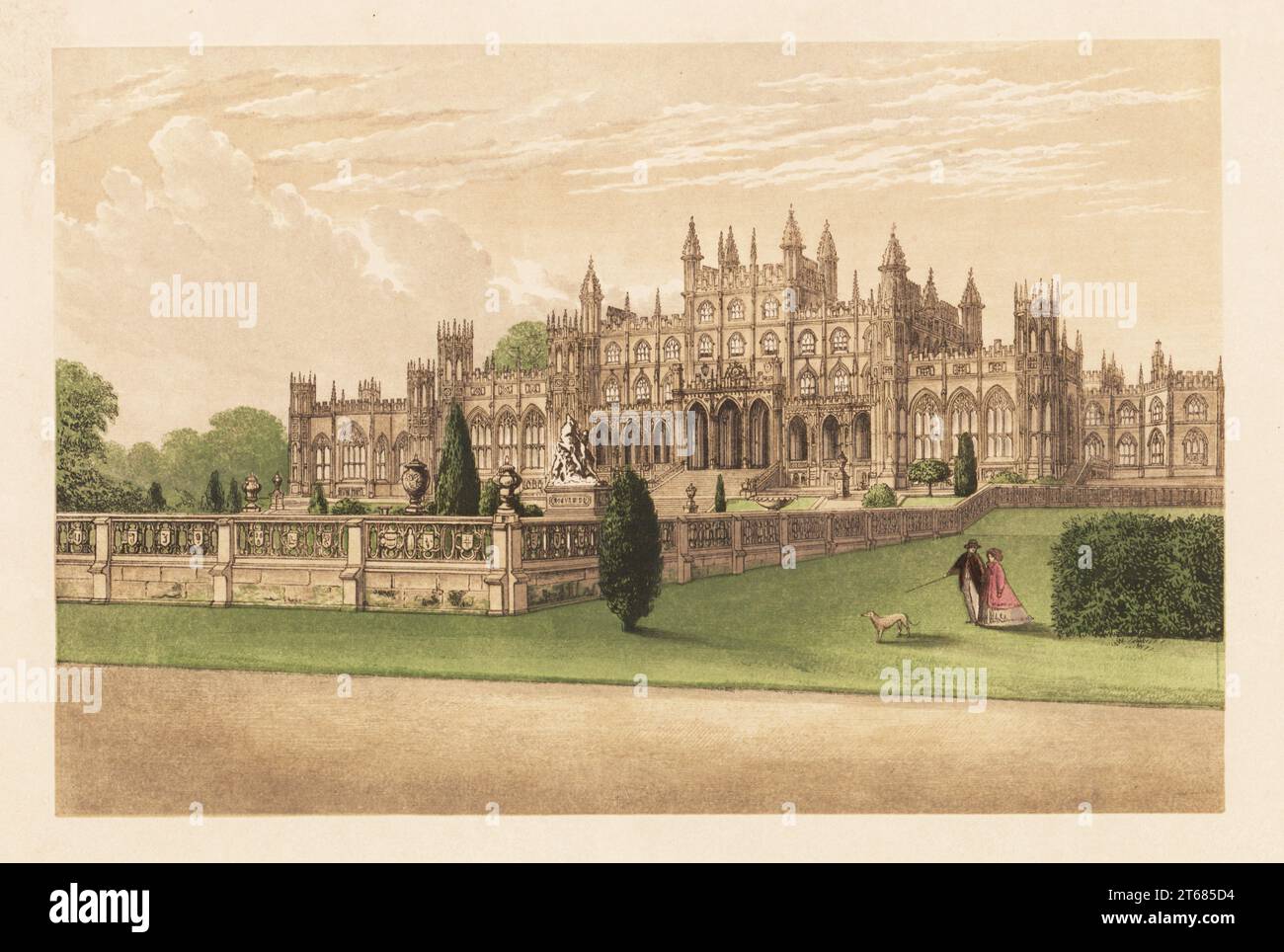 Eaton Hall, Cheshire, England. Gothic mansion designed by William Porden with turrets, pinnacles, arched windows, towers and flying buttresses for Robert Grosvenor, 1st Marquess of Westminster. Colour woodblock by Benjamin Fawcett in the Baxter process of an illustration by Alexander Francis Lydon from Reverend Francis Orpen Morriss A Series of Picturesque Views of the Seats of Noblemen and Gentlemen of Great Britain and Ireland, William Mackenzie, London, 1880. Stock Photo