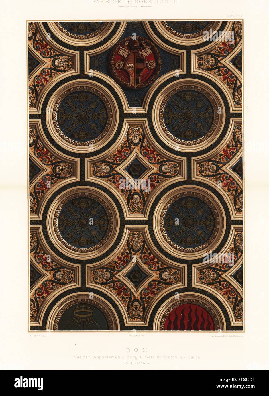 Ceiling fresco by Pinturicchio in the Borgia Apartments, the Vatican, Rome, 15th century. Vatican Appartiamento Borgia Sala di Storia, Pinturicchio, Rom. Chromolithograph after A. Grimmer from Ernst Ewalds Farbige decorationen, alter und never Zeit (Color decoration, ancient and new eras), Ernst Wasmuth, Berlin, 1889. Stock Photo