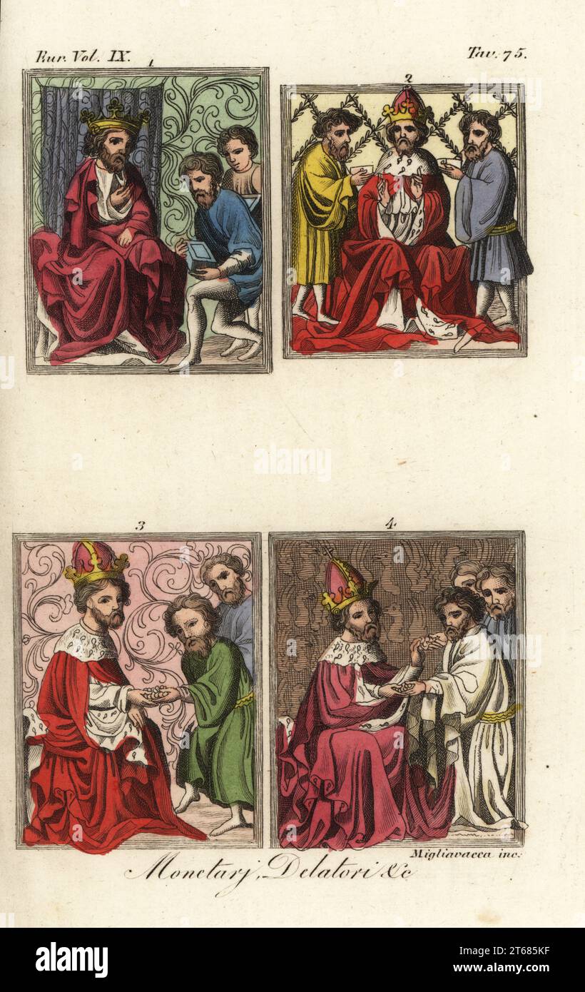 Audiences with Holy Roman Emperor Charles IV. In crown and ermine cape, he receives boxes of gold and silver 1, diplomas 2, coins from common informers or conspirators 3, and coins from well-dressed men 4. Monetari, Delatori. Miniatures from the Vienna Codex of the Golden Bull, an illuminated manuscript prepared for King Wenceslaus IV of Bohemia, 1365. Handcoloured copperplate engraving by Migliavacca from Giulio Ferrarios Costumes Ancient and Modern of the Peoples of the World, Il Costume Antico e Moderno, Florence, 1844. Stock Photo