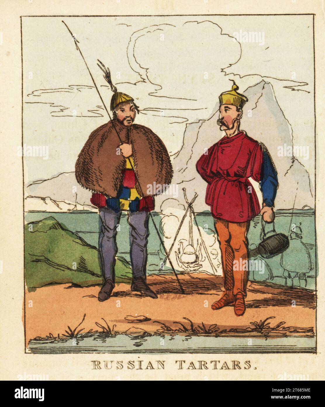 Costumes of Russian Tatars, 19th century. A soldier in helmet, fur cape, colourful tunic, trousers armed with a spear. Another man in hat, tunic and trousers. Tartars. Handcoloured copperplate engraving from The World in Miniature, or Panorama of the Costumes, Manners & Customs of All Nations, John Bysh, London, 1825. Stock Photo