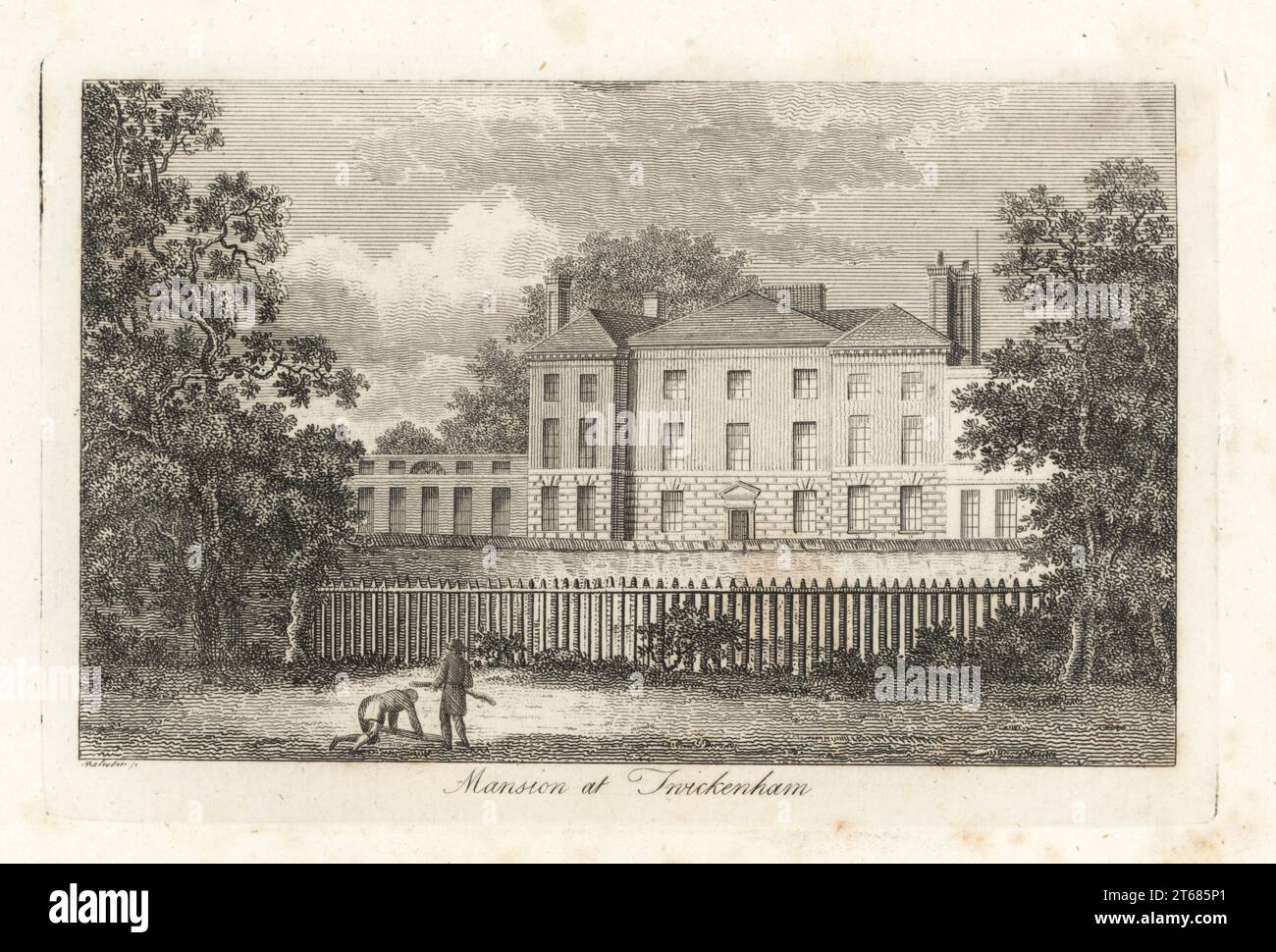 York House, Twickenham, 1807. Built for the York family and owned by Count Stahremberg in 1807. Large neo-classical villa with a pedimented entrance and an arcade extending to left, seen from a field with a wall and a picket fence and two gardeners. Copperplate drawn and engraved by James Peller Malcolm from his Anecdotes of the Manners and Customs of London during the 18th Century, Longman, Hurst, London, 1808. Malcolm (1767-1815) was an American-English topographer and engraver, Fellow of the Society of Antiquaries. Stock Photo