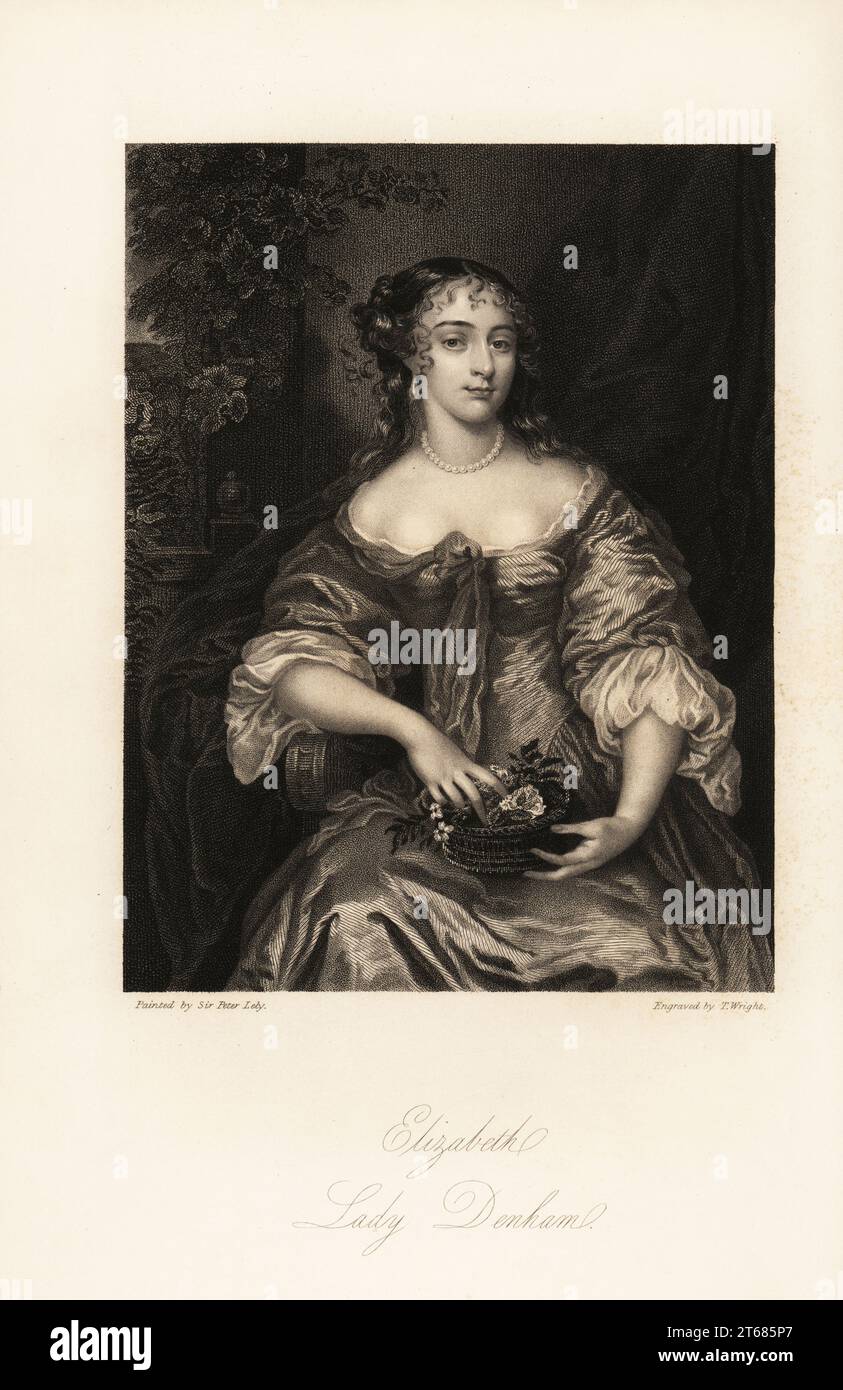 Elizabeth or Margaret, Lady Denham, wife of Sir John Denham, daughter of Sir William Brooke, mistress of the Duke of York, one of the Beauties of Windsor, 1647-1667. Steel engraving by Thomas Wright after a portrait by Sir Peter Lely from Mrs Anna Jamesons Memoirs of the Beauties of the Court of King Charles the Second, Henry Coburn, London, 1838. Stock Photo