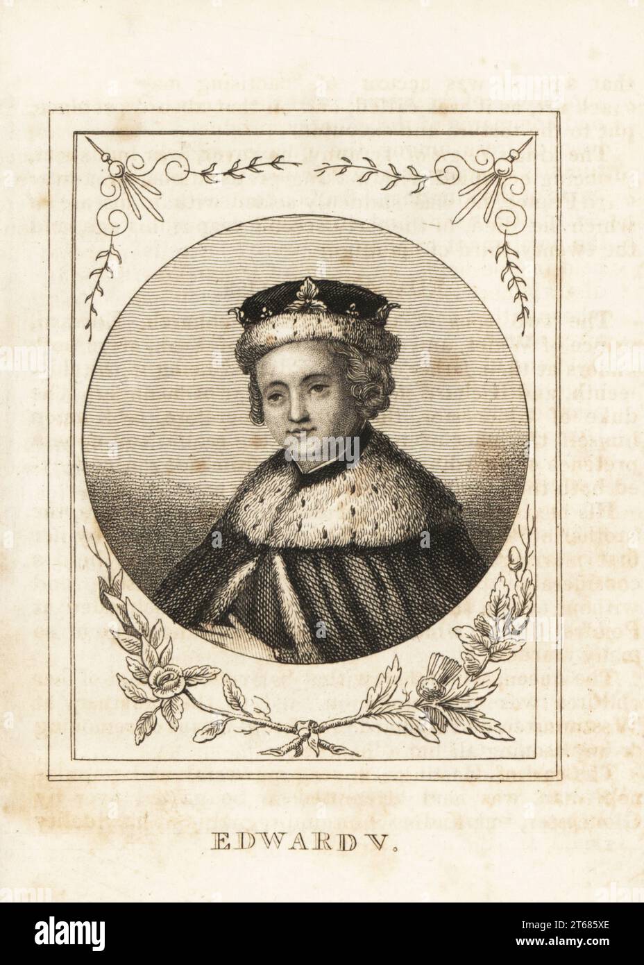 Portrait of King Edward V of England, 1470-1483, in ermine crown, ermine mantle. Copperplate engraving from M. A. Jones History of England from Julius Caesar to George IV, G. Virtue, 26 Ivy Lane, London, 1836. Stock Photo