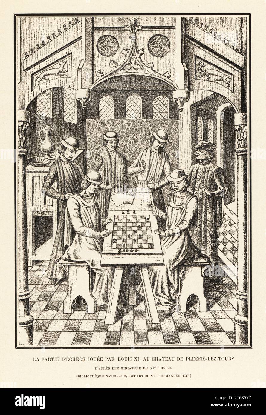 Royal courtiers playing a game of chess at the Chateau de Plessis-lez-Tours, 1483. King Louis XI of France, 1423-83, is said to be seated right. After a 15th century miniature Le Livre des Trois Ages by Pierre Choisnet aka Estienne Porchier in the Bibliotheque Nationale. Partie d'echecs jouee par Louis XI. Lithograph from Henry Rene dAllemagnes Recreations et Passe-Temps, Games and Pastimes, Hachette, Paris, 1906. Stock Photo