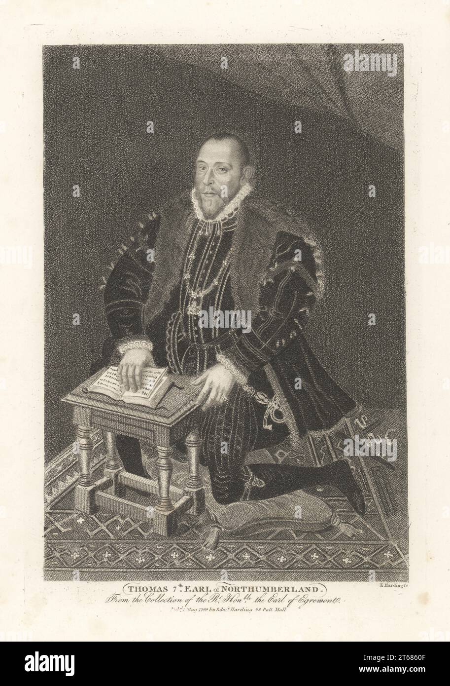 Thomas Percy, 7th Earl of Northumberland, kneeling on a cushion, wearing a black doublet with a fur trimmed cloak, a white ruff and the Order of the Garter collar and garter, court sword, reading a prayer book. Thomas, 7th Earl of Northumberland, executed for treason, 1528-1572. From a painting by Steven van der Meulen in Earl Egremont's collection at Petworth House, West Sussex. Copperplate engraving by Edward Harding from John Adolphus The British Cabinet, containing Portraits of Illustrious Personages, printed by T. Bensley for E. Harding, 98 Pall Mall, London, 1799. Stock Photo