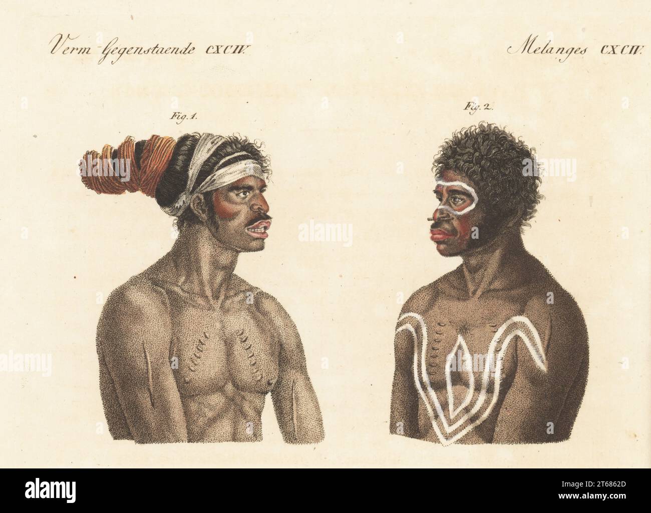 Eora (Yura) men Cour-rou-bari-gal 1 and Y-erran-gou-la-ga 2. Aborigines of New South Wales, both with scarification and body painting. The tribes were decimated by smallpox from the colonists. Copied from portraits by Nicolas-Martin Petit in Francois Peron's Voyage de Decouvertes aux terres Australes, 1807. Handcoloured copperplate engraving from Carl Bertuch's Bilderbuch fur Kinder (Picture Book for Children), Weimar, 1813. A 12-volume encyclopedia for children illustrated with almost 1,200 engraved plates on natural history, science, costume, mythology, etc., published from 1790-1830. Stock Photo