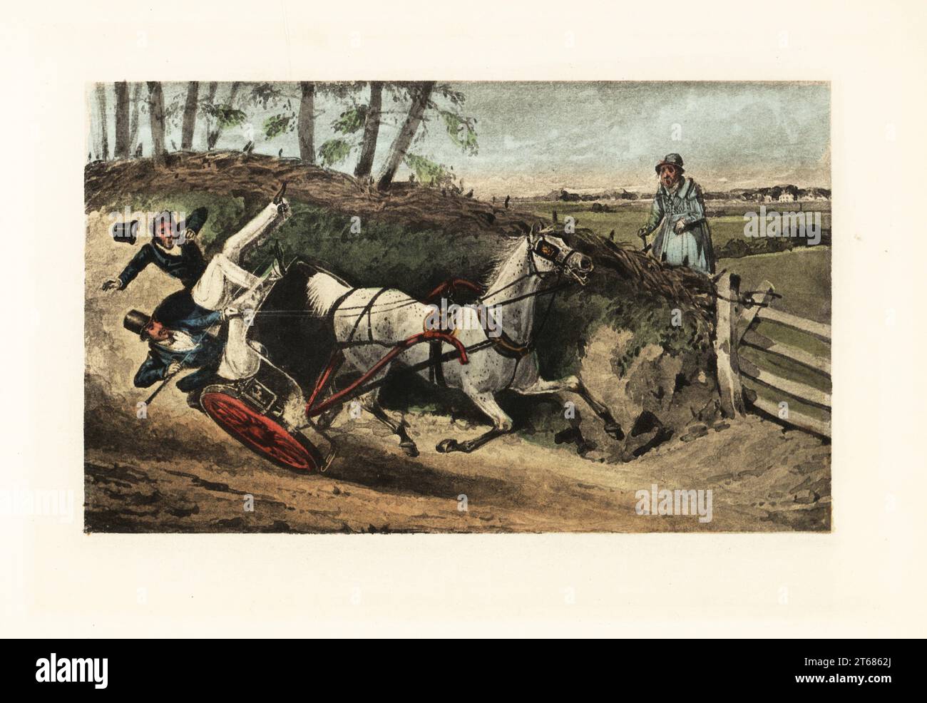 Victorian English gentlemen thrown from a one-horse gig on a country lane. A farmer in smock watches from a field. What! Never upset in a gig? Chromolithographic facsimile of an illustration by Henry Thomas Alken from Memoirs of the Life of the Late John Mytton by Nimrod aka Charles James Apperley, Kegan Paul, London, 1900. Stock Photo