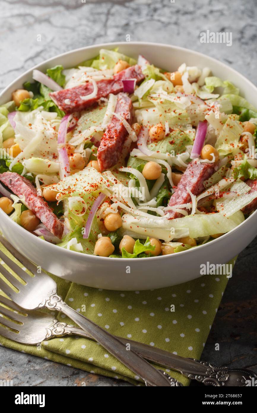 Fresh chickpea salami salad with iceberg and romaine lettuce