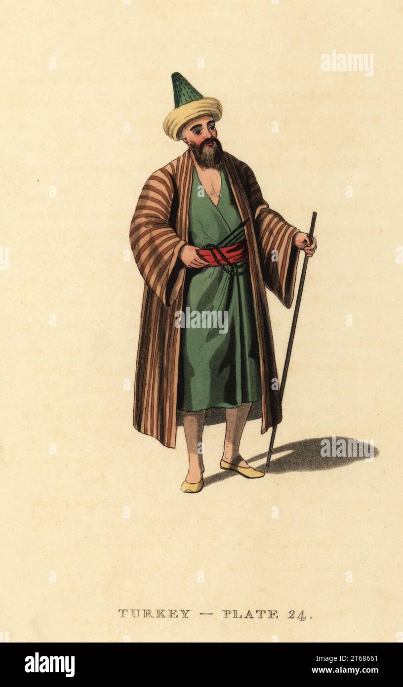 Costume of a Dervise or Dervish man. He wears a conical hat, striped coat over a tunic, and a chaplet of beads on his girdle. Handcoloured copperplate engraving after Octavian Dalvimart from William Alexanders translation of Picturesque Representations of the Dress and Manners of the Turks, Thomas MLean, London, 1814. Stock Photo