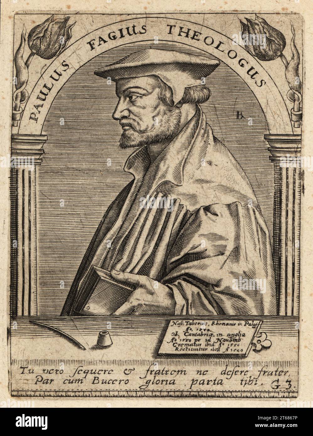 Paul Fagius, 1504-1549, Renaissance scholar of Biblical Hebrew and Protestant reformer. Paulus Fagius Theologus. Copperplate engraving by Johann Theodore de Bry from Jean-Jacques Boissards Bibliotheca Chalcographica, Johann Ammonius, Frankfurt, 1650. Stock Photo