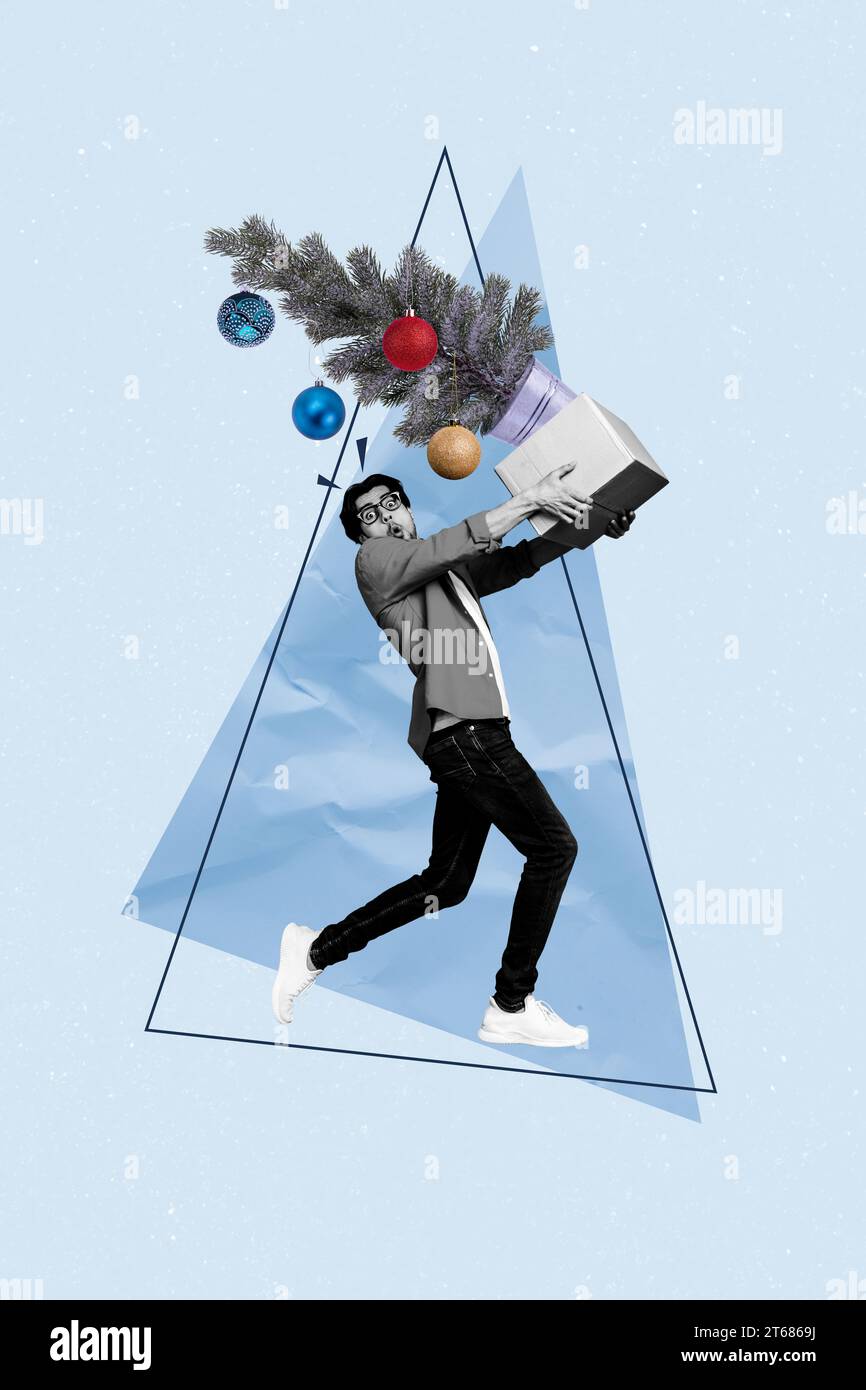 Creative template collage image of funny guy walking buying xmas tree