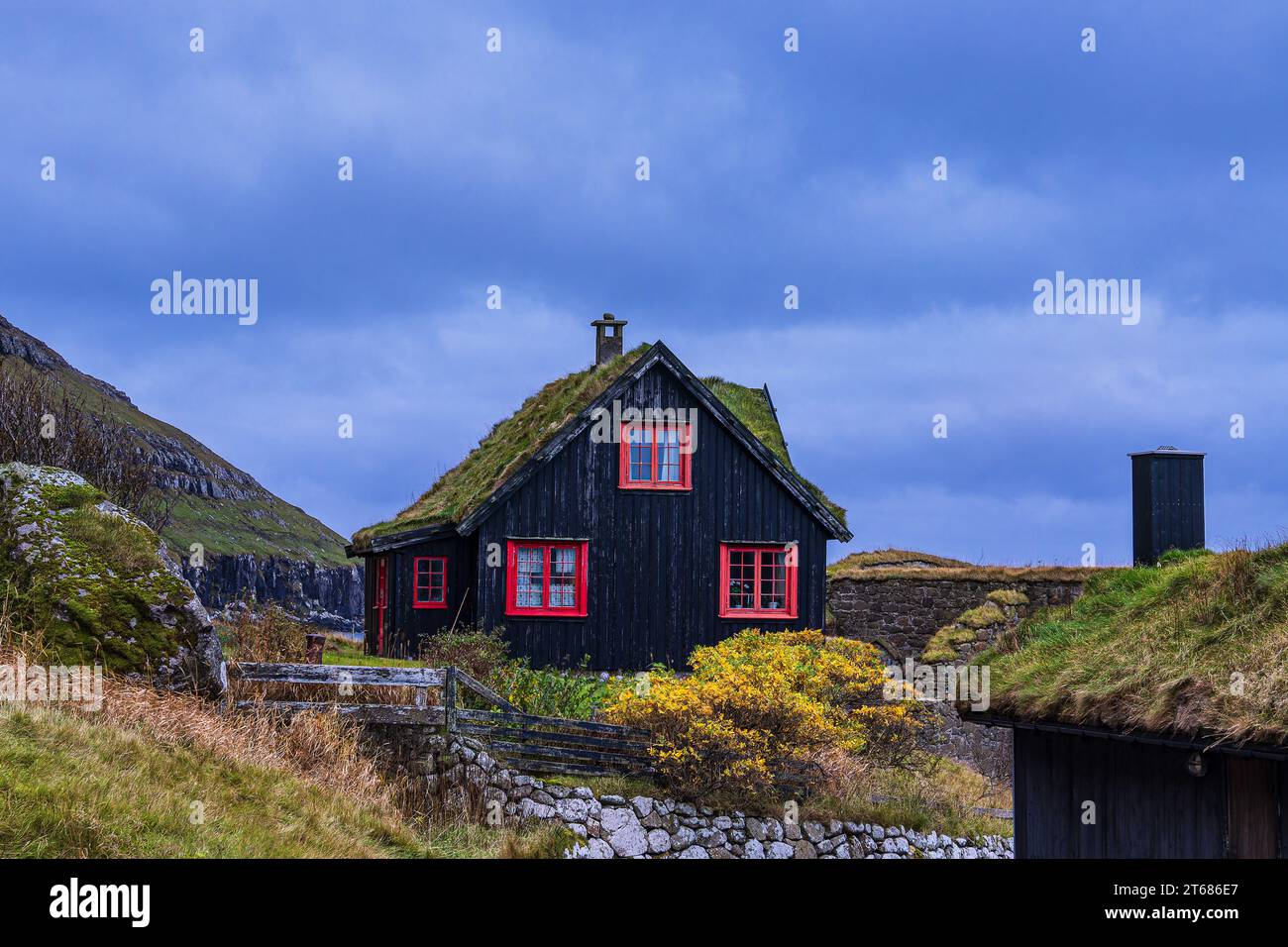 Traditional house in the village of Kirkjubour on the Faroe Islands. Stock Photo