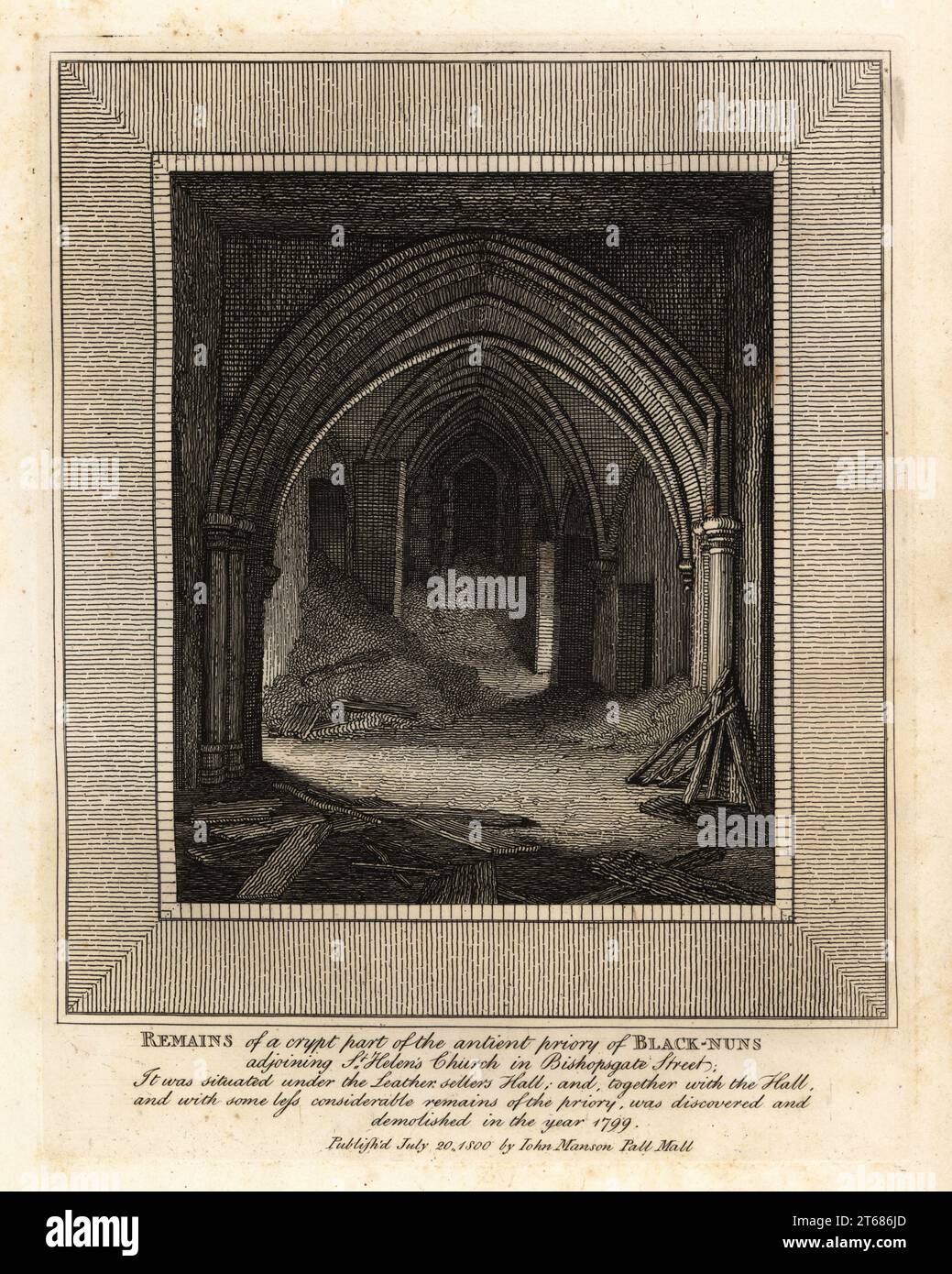 Remains of the crypt part of the ancient priory of Black-Nuns, adjoining St. Helens Church, Bishopsgate Street. Copperplate engraving by John Thomas Smith after original drawings by members of the Society of Antiquaries from his J.T. Smiths Antiquities of London and its Environs, J. Sewell, R. Folder, J. Simco, London, 1800. Stock Photo