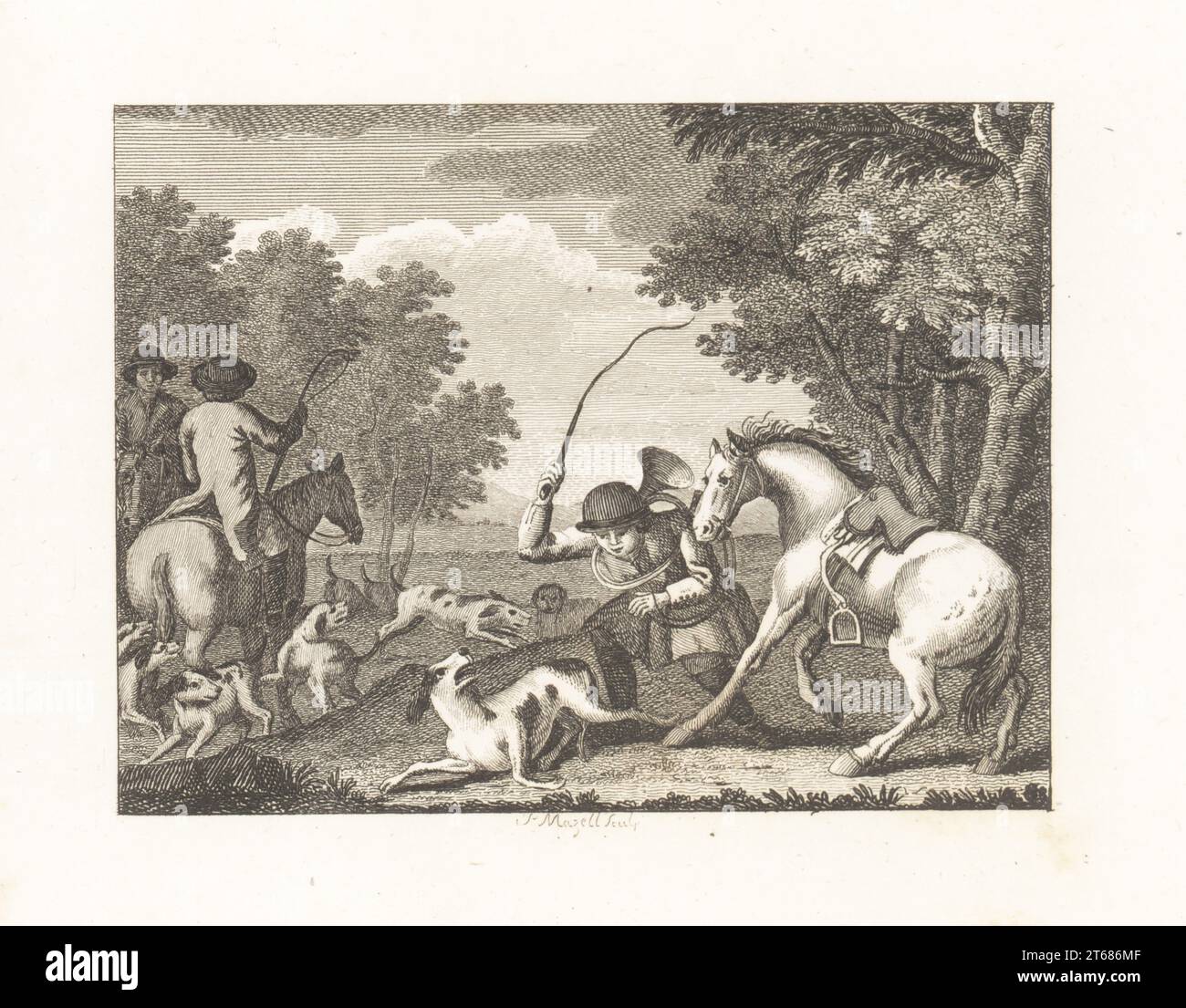 The Hound and the Huntsman. A huntsman with horn, dismounts his horse and thrashes a young fox hound Ringwood for barking. Copperplate engraving by Peter Mazell after an illustration by John Wootton from Fables by John Gay, with a Life of the Author, John Stockdale, London, 1793. Stock Photo