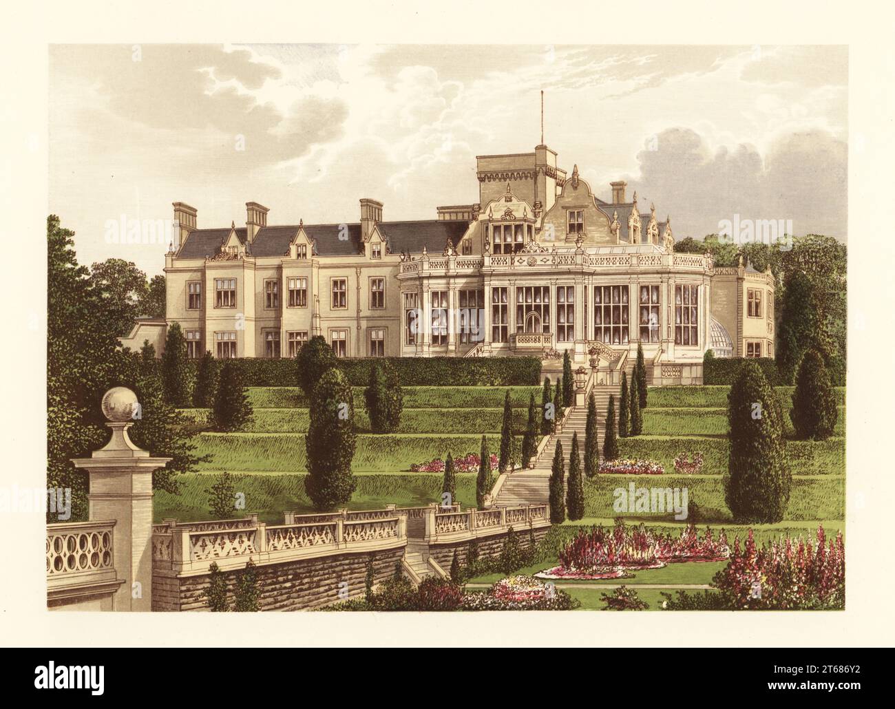 Easton Hall, Lincolnshire, England. Elizabethan mansion with walled gardens renovated in the mid-19th century for Sir Montague Cholmeley, 1st Baronet. Colour woodblock by Benjamin Fawcett in the Baxter process of an illustration by Alexander Francis Lydon from Reverend Francis Orpen Morriss Picturesque Views of the Seats of Noblemen and Gentlemen of Great Britain and Ireland, William Mackenzie, London, 1880. Stock Photo