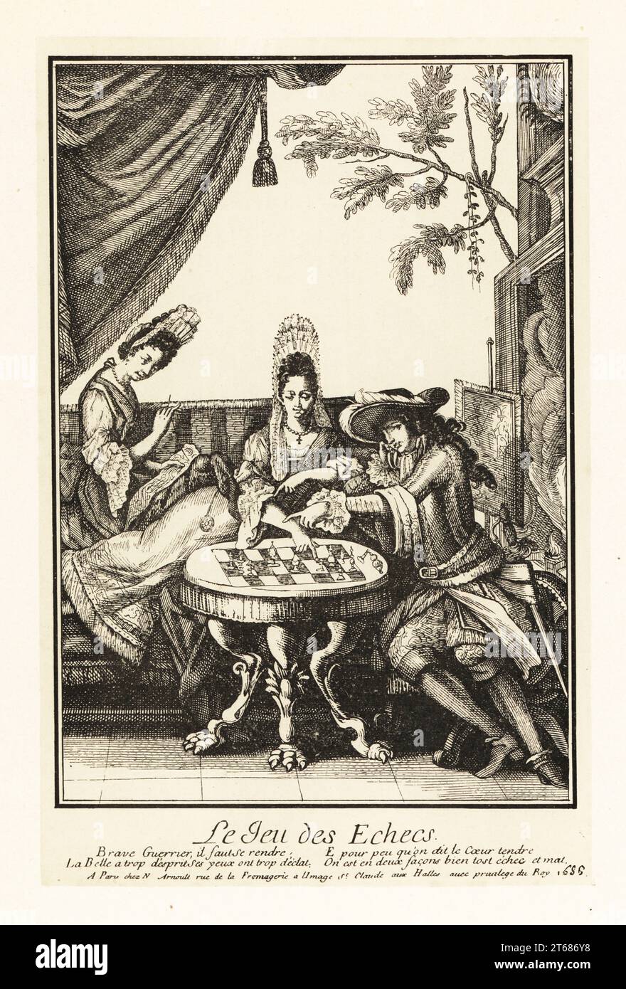 A French noble woman and fop playing a game of chess, 1686. Another lady works on a piece of embroidery on the sofa. Le Jeu des Echecs. Lithograph after Nicolas Arnoult from Henry Rene dAllemagnes Recreations et Passe-Temps, Games and Pastimes, Hachette, Paris, 1906. Stock Photo