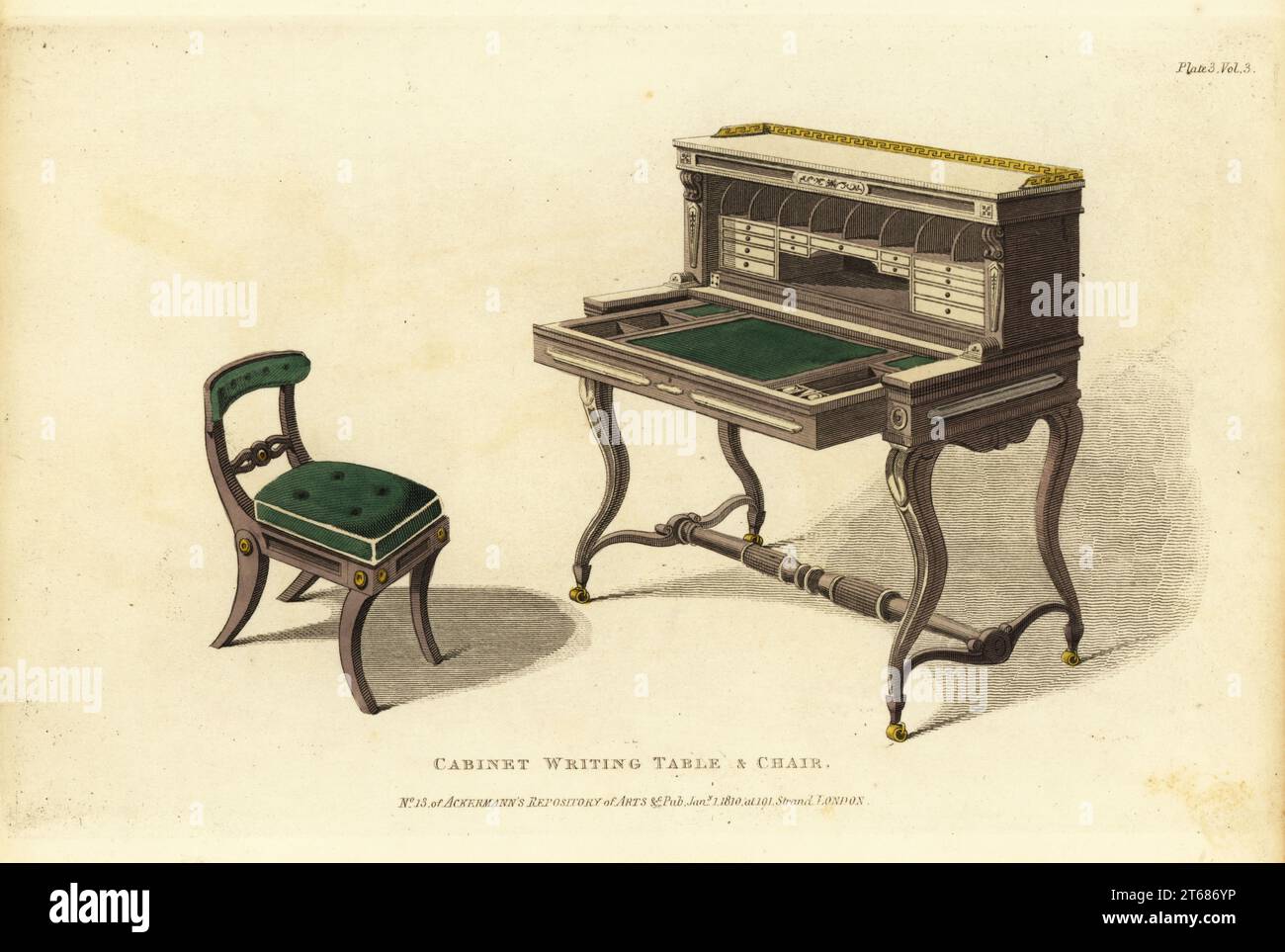 Cabinet writing table and chair, 1810. Desk in mahogany carved and ornamented with brass or ivory. Desk and front can be drawn out to reveal the pigeonholes and drawers. Matching chair with French stuffed seat and back. Handcoloured copperplate engraving from The Upholsterer's and Cabinet-Maker's Repository consisting of seventy-six designs of modern and fashionable furniture, Rudolph Ackermann, London, 1830. Stock Photo