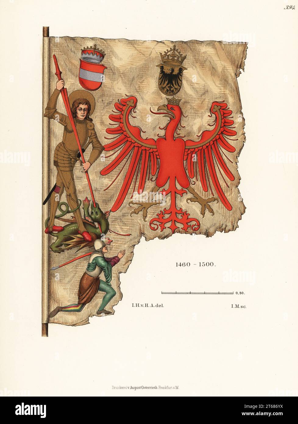 Fragment of a banner of silver and copper miners from Tyrol, late 15th century. St. George kills a dragon next to a scarlet eagle. Chromolithograph from Hefner-Alteneck's Costumes, Artworks and Appliances from the Middle Ages to the 17th Century, Frankfurt, 1889. Illustration by Dr. Jakob Heinrich von Hefner-Alteneck, lithographed by I.M. Dr. Hefner-Alteneck (1811 - 1903) was a German museum curator, archaeologist, art historian, illustrator and etcher. Stock Photo