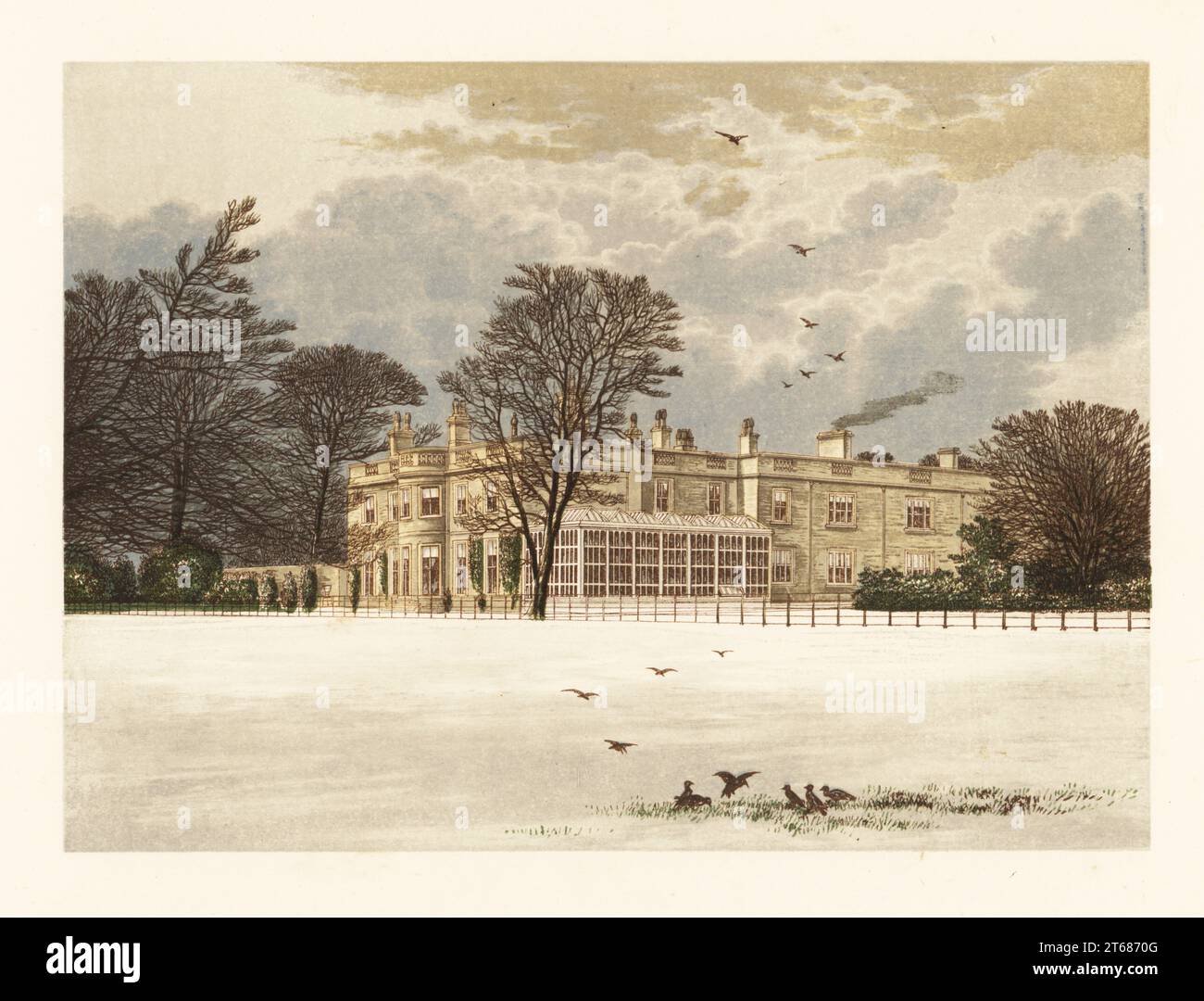 Ednaston Lodge, Derbyshire, England. Winter-scene with Victorian manor house with hothouse owned by the Kingdon family. Colour woodblock by Benjamin Fawcett in the Baxter process of an illustration by Alexander Francis Lydon from Reverend Francis Orpen Morriss Picturesque Views of the Seats of Noblemen and Gentlemen of Great Britain and Ireland, William Mackenzie, London, 1880. Stock Photo