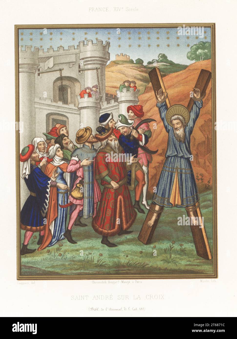 Saint Andrew the Apostle crucified on an x-shaped cross outside a castle in Patras, c.60 AD. Some of the 14th century costumes appear fantastic, and the whole resembles Flemish art. From a missal made for Denis du Moulin, Bishop of Paris, MS 182, Bibliotheque de l'Arsenal. France XIVe Siecle. Saint Andre sur la Croix. Chromolithograph by Moulin after an illustration by Claudius Joseph Ciappori from Charles Louandres Les Arts Somptuaires, The Sumptuary Arts, Hangard-Mauge, Paris, 1858. Stock Photo