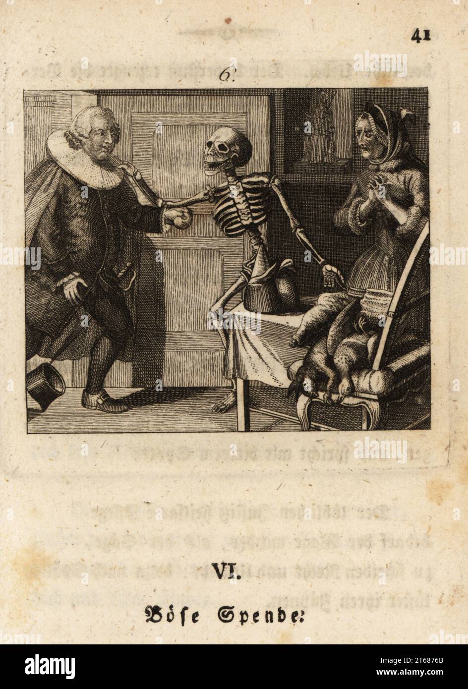 The skeleton of Death, Freund Hans, lays his bony hand on a judges shoulder in his chambers., 18th century. The judge in ruff collar and robes. A servant woman watches in horror. A ham, rabbit and game fowl on the table. The judge. Bose Spende. Copperplate engraving by Johan Georg Mansfeld after an original by Johann Rudolf Schellenberg from Johan Kark Musauss Freund Heins Erscheinungen in Holbeins Manier, (Apparitions of Death in the manner of Holbein) Mannheim, 1803. Stock Photo