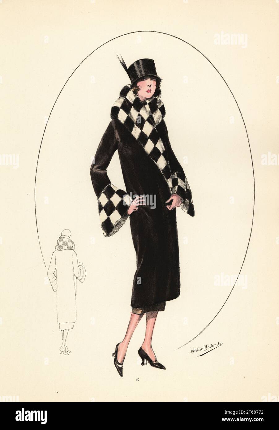 Fashionable woman in short bob haircut, brimless top hat and otter-skin coat, 1926. The coat with fronts in surplice effect, collar and cuffs in checkerboard of otter and ermine squares. Manteau en loutre. Handcoloured lithograph from Modeles Originaux de Fourrures, Original Models in Fur, No. 17, Atelier Bachwitz, Vienna, 1926. Stock Photo
