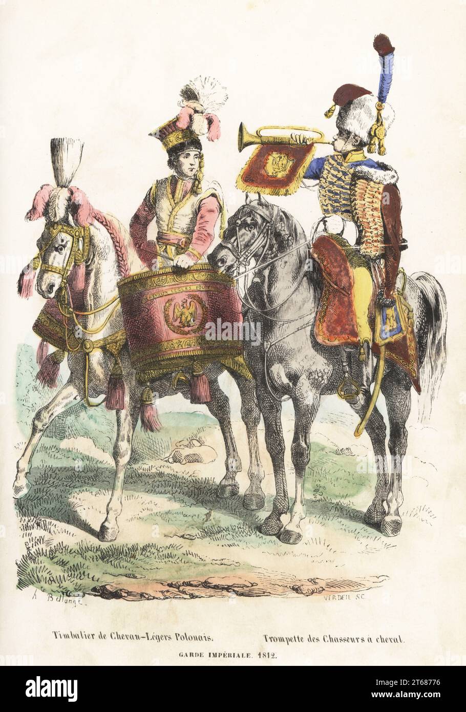 Musicians of the French Imperial Guard cavalry, 1812. Kettledrummer of the 1st Polish Light Cavalry Lancers and trumpeter of the Horse Chasseurs. Timbalier de Chevau-Legers Polonais, Trompette des Chasseurs a cheval, Garde Imperiale 1812. Handcoloured woodcut by Pierre Verdeil after an illustration by Hippolyte Bellangé from P.M. Laurent de lArdeches Histoire de Napoleon, Paris, 1840. Stock Photo