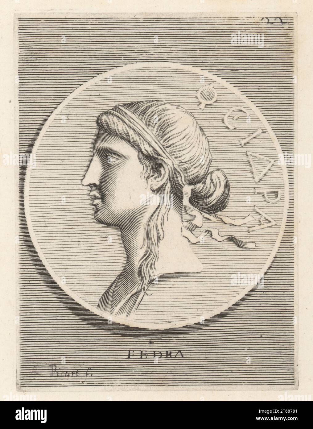Phaedra, Cretan princess, daughter of Minos and Pasiphae, sister of Ariadne, and wife of Theseus, king of Athens. Head of a woman with her hair tied up in a simple band from a bronze medal. Fedra. Copperplate engraving by Etienne Picart after Giovanni Angelo Canini from Iconografia, cioe disegni d'imagini de famosissimi monarchi, regi, filososi, poeti ed oratori dell' Antichita, Drawings of images of famous monarchs, kings, philosophers, poets and orators of Antiquity, Ignatio deLazari, Rome, 1699. Stock Photo