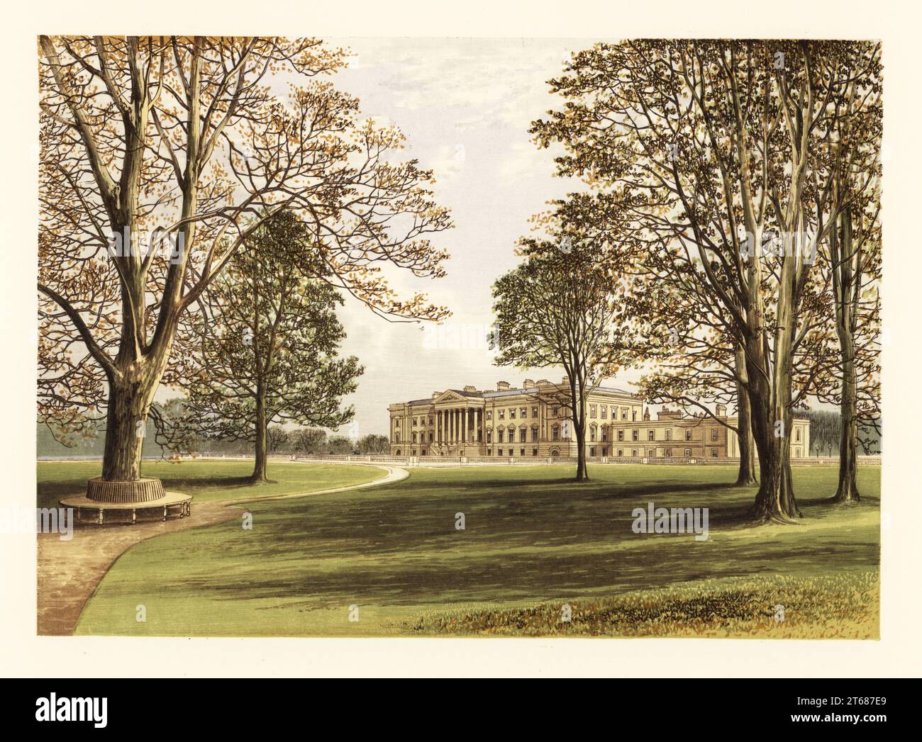 Hamilton Palace, Lanarkshire, Scotland. Neo-classical Palladian-style stately home with Corinthian pediment built by architect James Smith in 1695 for William Douglas-Hamilton, Duke of Hamilton, refurbished in the Regency era by David Hamilton from plans by WIlliam Adam. Colour woodblock by Benjamin Fawcett in the Baxter process of an illustration by Alexander Francis Lydon from Reverend Francis Orpen Morriss Picturesque Views of the Seats of Noblemen and Gentlemen of Great Britain and Ireland, William Mackenzie, London, 1880. Stock Photo