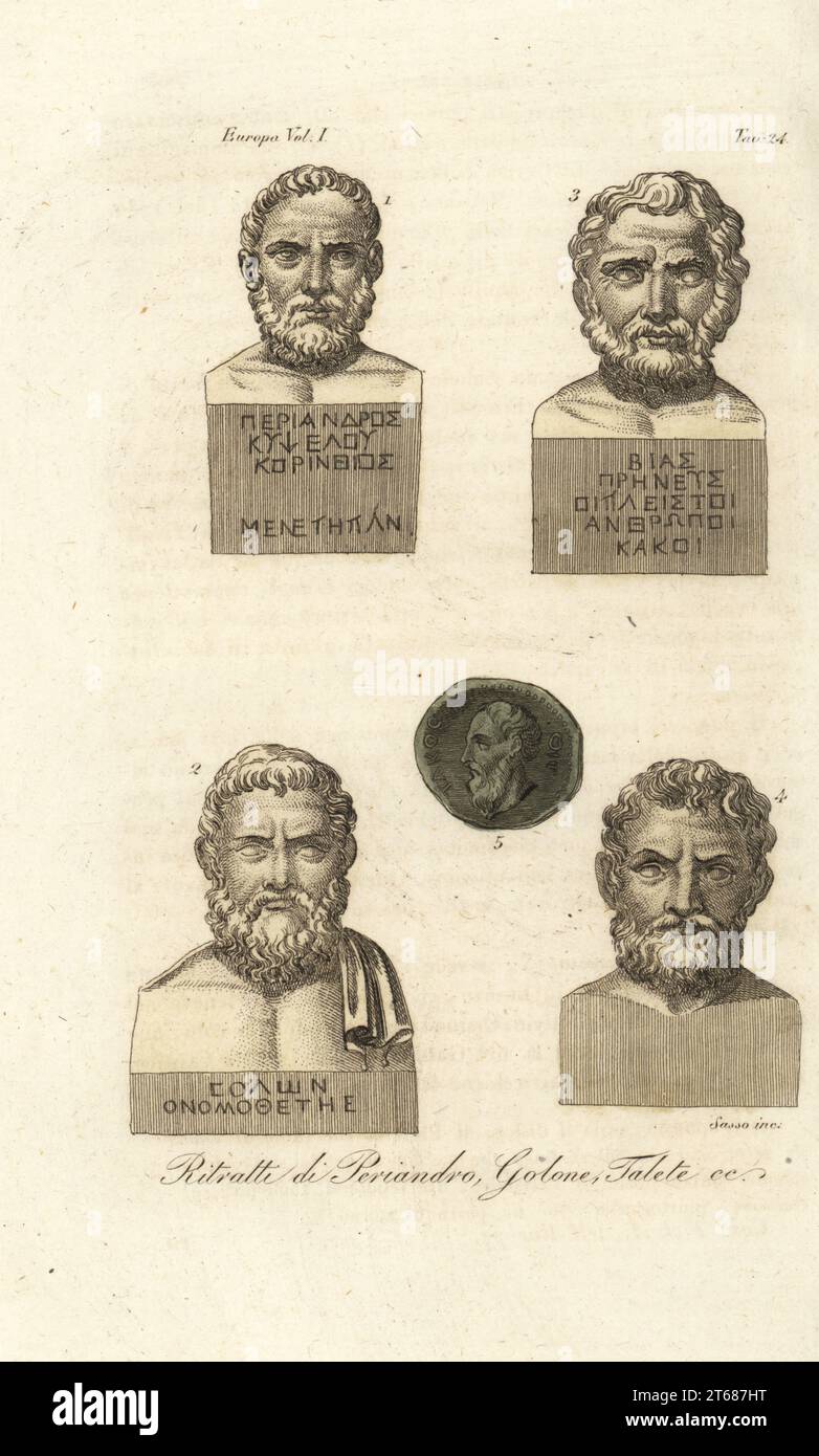 Portraits of Corinthian ruler Periander 1, Athenian statesman Solon 2, Bias of Priene 3, Greek mathetician Thales of Miletus 4, and Pittacus of Mytilene 5. etc. Ritratti di Periandro, Solone, Biante, Talete, Pittaco. Handcoloured copperplate engraving by Giovanni Antonio Sasso from Giulio Ferrarios Costumes Ancient and Modern of the Peoples of the World, Il Costume Antico e Moderno, Florence, 1842. Stock Photo