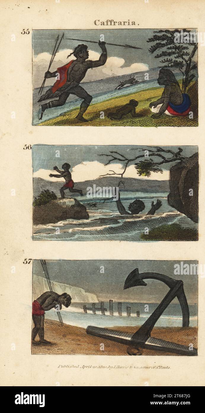 Nguni or Bantu (Kaffir) warrior hunting antelope with spears 55, forsaking a woman drowning in a river 56, and worshipping an anchor from an East India ship 57. Handcoloured copperplate engraving from Rev. Isaac Taylors Scenes in Africa for the Amusement and Instruction of Little Tarry-at-Home Travelers, Harris and Son, London, 1820. Stock Photo
