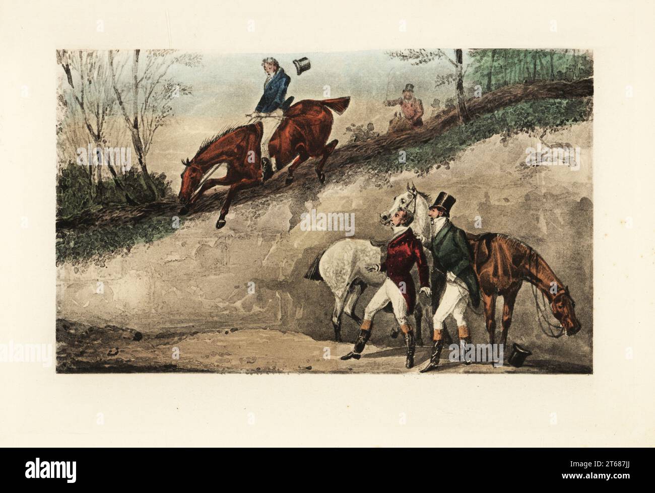 English gentleman on horseback making a jump from a steep embankment, 19th century. Other dandies watch from the ground. Mytton takes a drop as high as a house. Chromolithographic facsimile of an illustration by Henry Thomas Alken from Memoirs of the Life of the Late John Mytton by Nimrod aka Charles James Apperley, Kegan Paul, London, 1900. Stock Photo