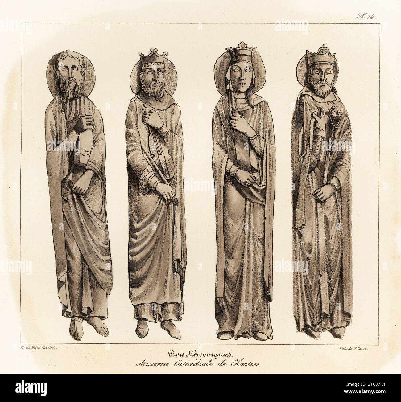 Merovingian kings from the jambs of the Royal Portal, Chartres Cathedral. Now identified as Old Testament figures. Rois Merovingiens, Ancienne Cathedrale de Chartres. Tinted lithograph by Villain after an illustration by Horace de Viel-Castel from his Collection des costumes, armes et meubles pour servir à l'histoire de la France (Collection of costumes, weapons and furniture to be used in the history of France), Treuttel & Wurtz, Bossange, 1827. Stock Photo