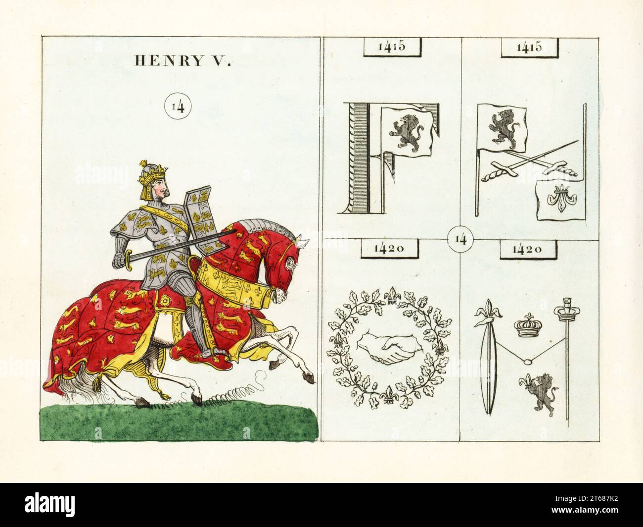 Portrait of King Henry V of England, Henry of Monmouth. With suit of armor, crown and sword, tunic and shield with coat of arms, riding a horse with caparison with coat of arms. Emblems indicate the invasion of France, Battle of Agincourt, Treaty of Troye, and marriage to Catherine of France. Handcoloured steel engraving after an illustration by Mary Ann Rundall from A Symbolical History of England, from Early Times to the Reign of William IV, J.H. Truchy, Paris, 1839. Mary Ann Rundall was a teacher of young ladies in Bath, and published her book of mnemonic emblems in 1815. Stock Photo