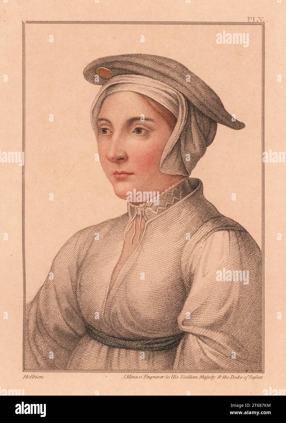 Portrait of unknown woman, court of King Henry VIII, c. 1532. Handcoloured copperplate stipple engraving by James Minasi after a portrait by Hans Holbein the Younger from Imitations of Original Drawings by Hans Holbein, John Chamberlaine, London, 1812. Stock Photo