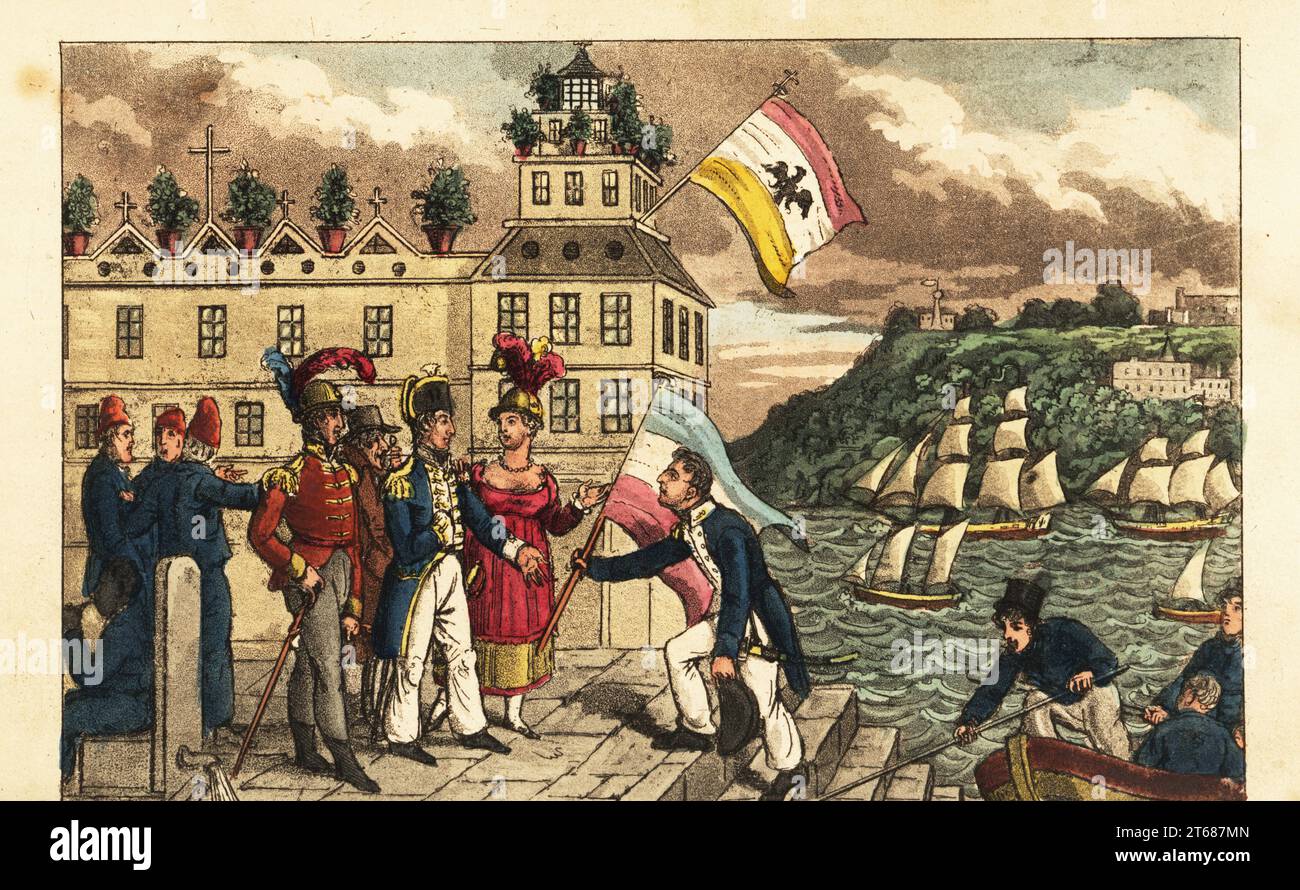 Captain Newcome presents a captured French flag to Admiral Horatio Nelson in Palermo, Sicily, 1799. Nelson stands on the dock with his mistress Emma Hamilton and her aged husband Sir William Hamilton. Flag of the Kingdom of Sicily flies from a building. Palermo Pier. Newcome Victorious. Handcoloured copperplate engraving after an illustration by Charles Williams from John Mitfords Adventures of Johnny Newcome in the Navy, London, 1819. Stock Photo