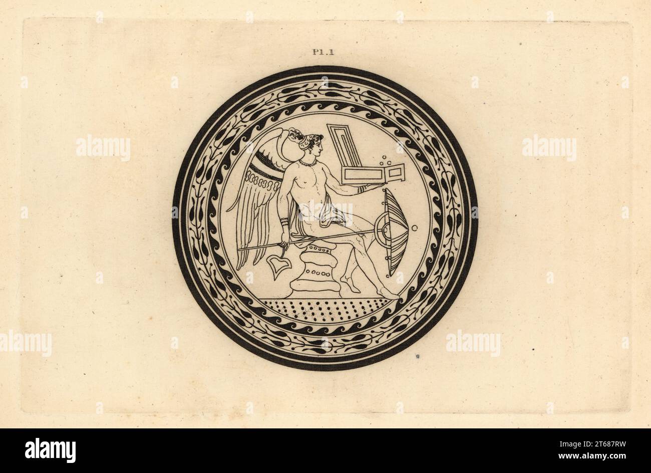 A winged androgynous genius seated on a column, and carrying an umbrella and a box - the symbolism obscure but perhaps Apollo. Within a circular border decorated with floral patterns. Copperplate engraving by Thomas Kirk (1765-1797) from Sir William Hamiltons Outlines from the Figures and Compositions upon the Greek, Roman and Etruscan Vases of the Late Sir Hamilton, T. MLean, London, 1834. Stock Photo