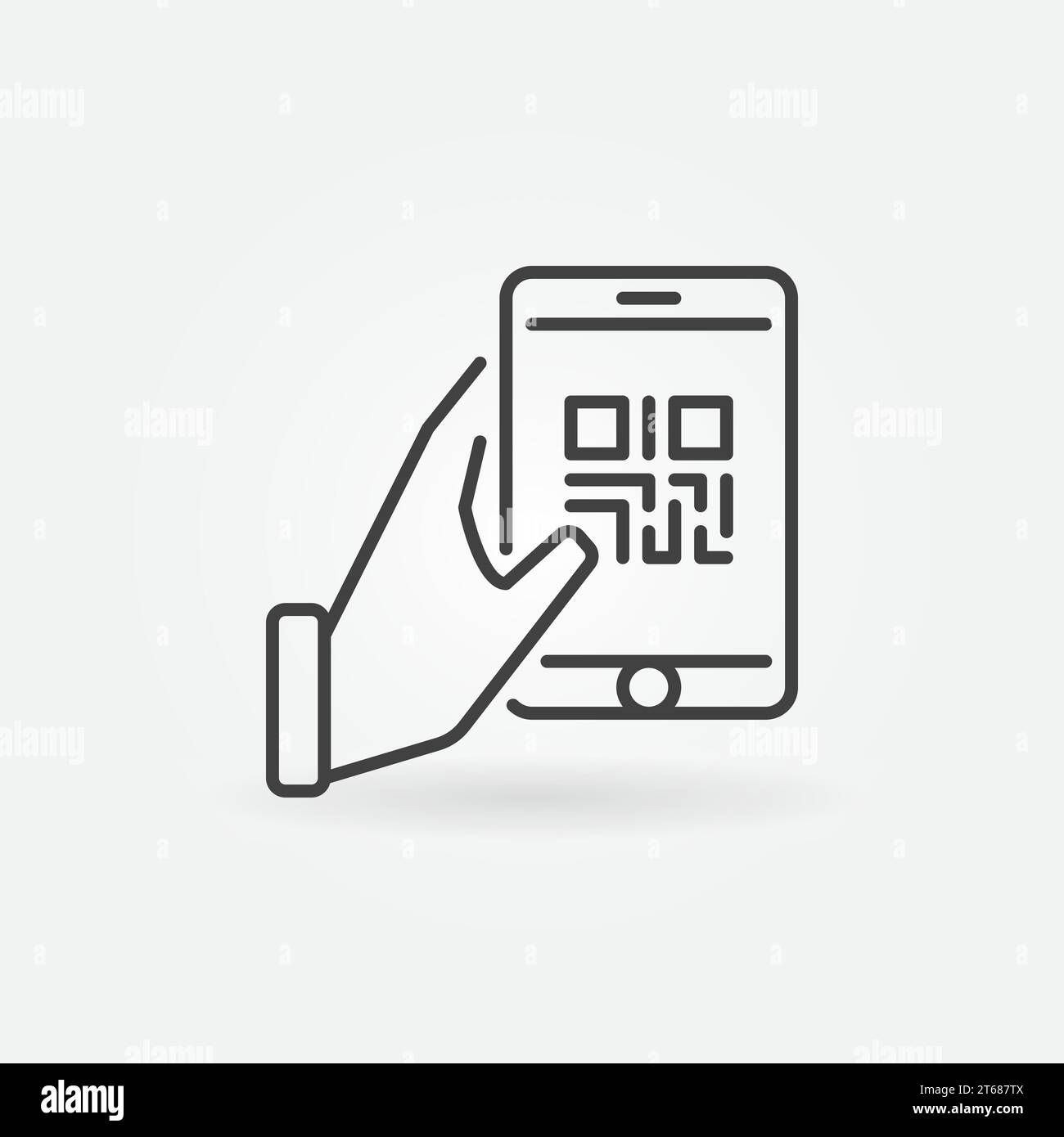 Hand holding smartphone with QR code vector icon in thin line style Stock Vector