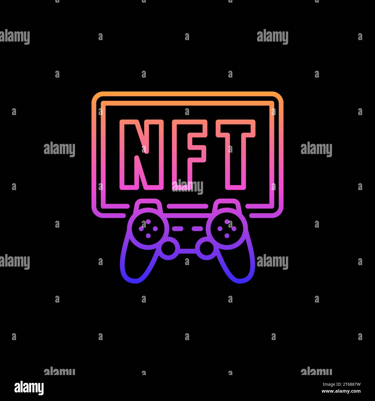 Gamepad and NFT outline colored Gaming icon. Vector Non-Fungible Gaming Token concept line sign on dark background Stock Vector