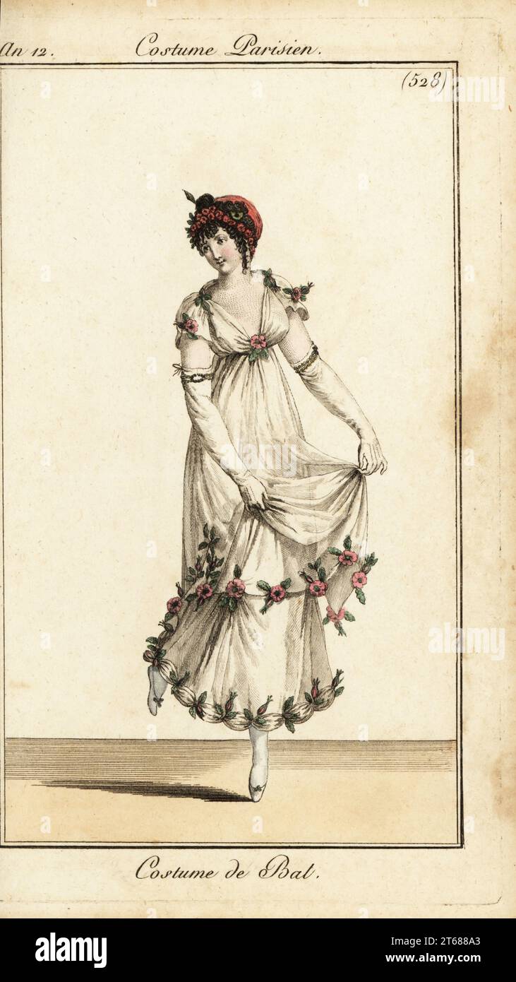 Woman lifting her skirts to dance at a ball. Her ball gown is hemmed with buds and flowers. She wears a velvet cap with garland and diadem. Costume de Bal. Handcoloured copperplate engraving from Pierre de la Mesangeres Journal des Dames et des Modes, Magazine of Women and Fashion, Paris, An 12, January 1804. Illustrations by Carle Vernet, Jean-Francois Bosio, Dominique Bosio and Philibert Louis Debucourt, engraved by Pierre-Charles Baquoy. Stock Photo