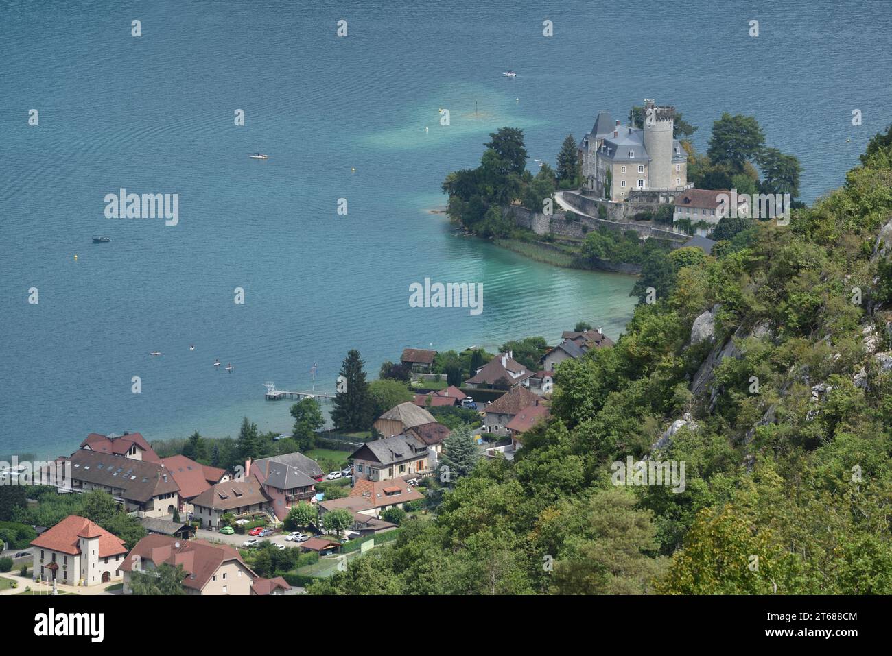 Aerial View or High-Angle View over the Lakeside Village of Duingt and Annecy Lake or Lac d'Annecy Haute Savoie France Stock Photo