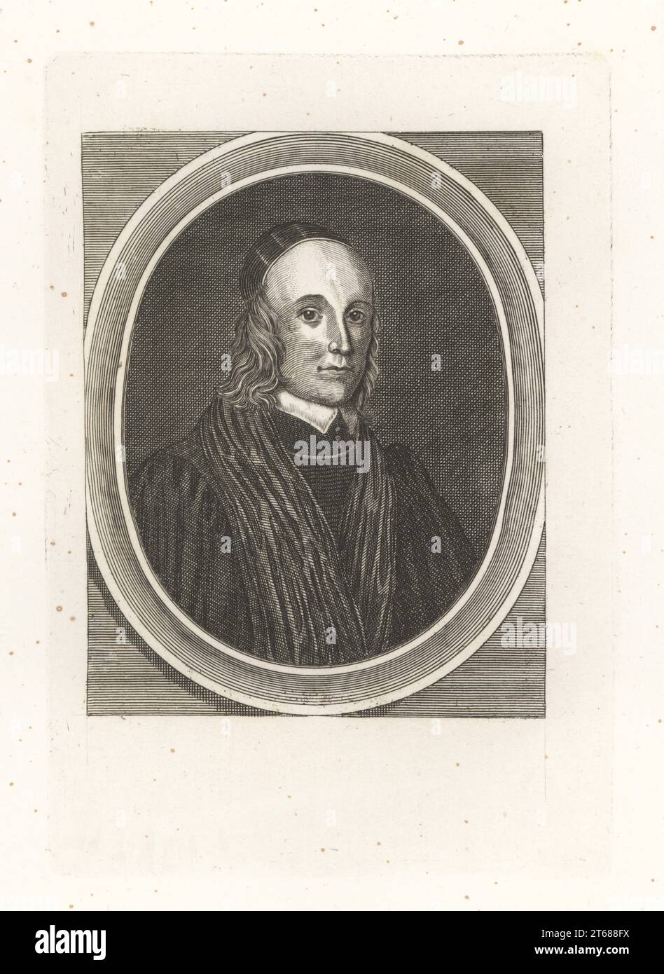 John Hewit, royalist divine, chaplain to King Charles I of England, 1614-1658. In skull cap, collar and ecclesiastical robes. Copperplate engraving from Samuel Woodburns Gallery of Rare Portraits Consisting of Original Plates, George Jones, 102 St Martins Lane, London, 1816. Stock Photo