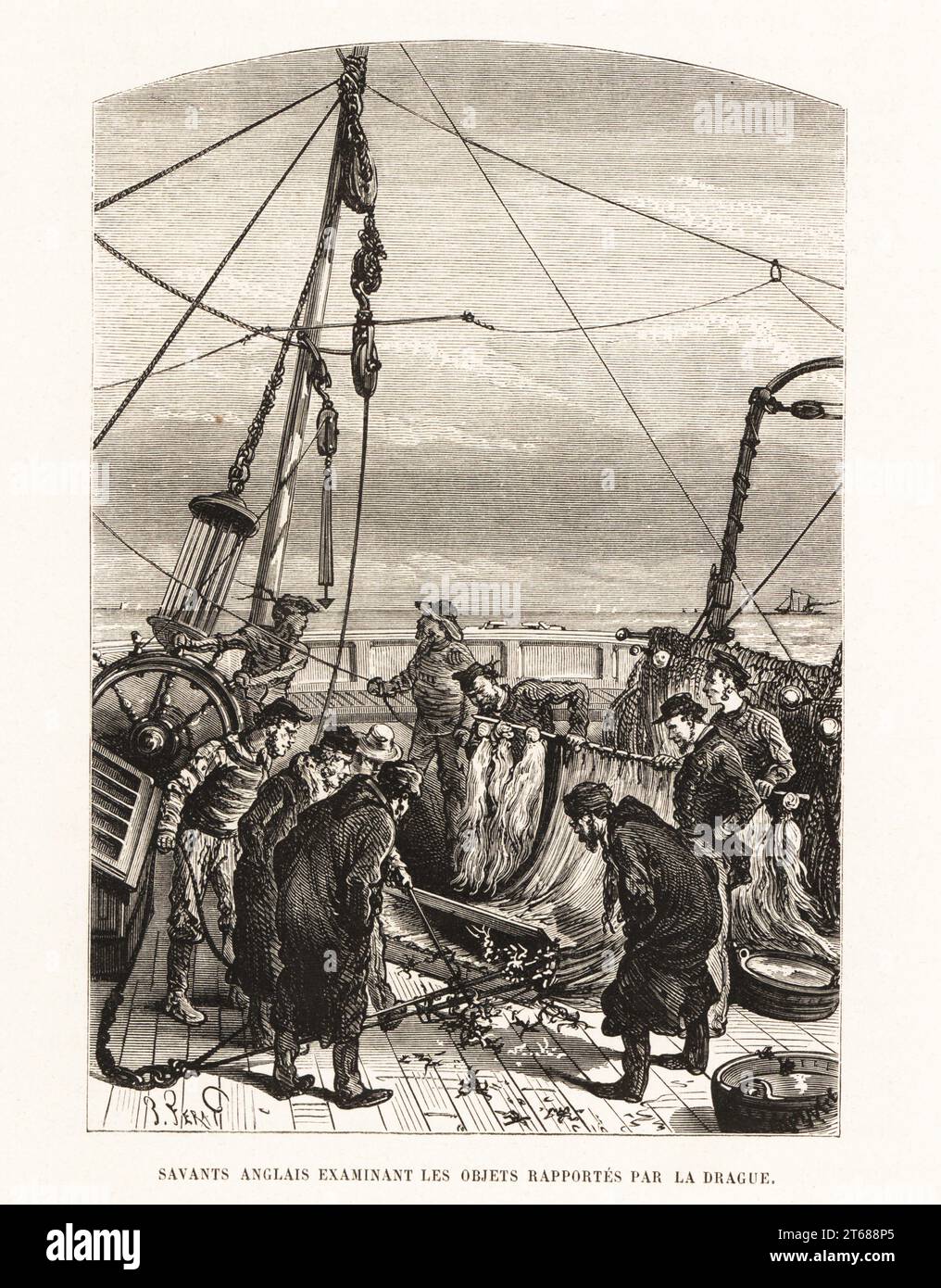 English sailors examining objects dredged from the sea. Fishermen checking their catch. Savants anglais examinant les objets rapporte par la drague. Woodcut by Jules-Descartes Ferat from Alfred Fredols Le Monde de la Mer, the World of the Sea, edited by Olivier Fredol, Librairie Hachette et. Cie., Paris, 1881. Alfred Fredol was the pseudonym of French zoologist and botanist Alfred Moquin-Tandon, 1804-1863. Stock Photo
