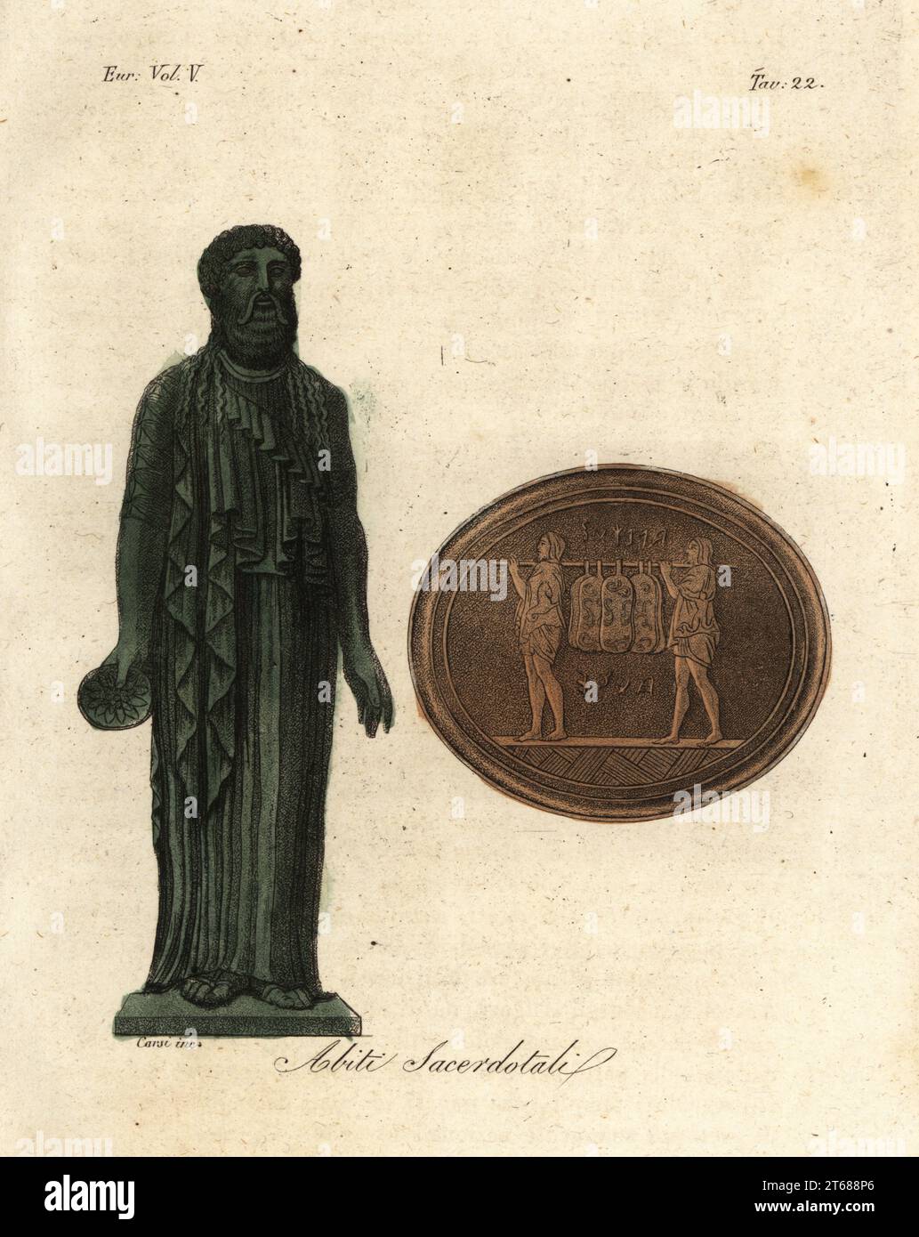 Marble statue of an Etruscan priest in ceremonial robes. He holds a patera or libation bowl in his right hand. Two Etruscan leaping priests or Salii carrying bronze shields or ancilia in a religious procession. Abiti sacerdotali. Handcoloured copperplate engraving by Corsi from Giulio Ferrarios Costumes Ancient and Modern of the Peoples of the World, Il Costume Antico e Moderno, Florence, 1843. Stock Photo