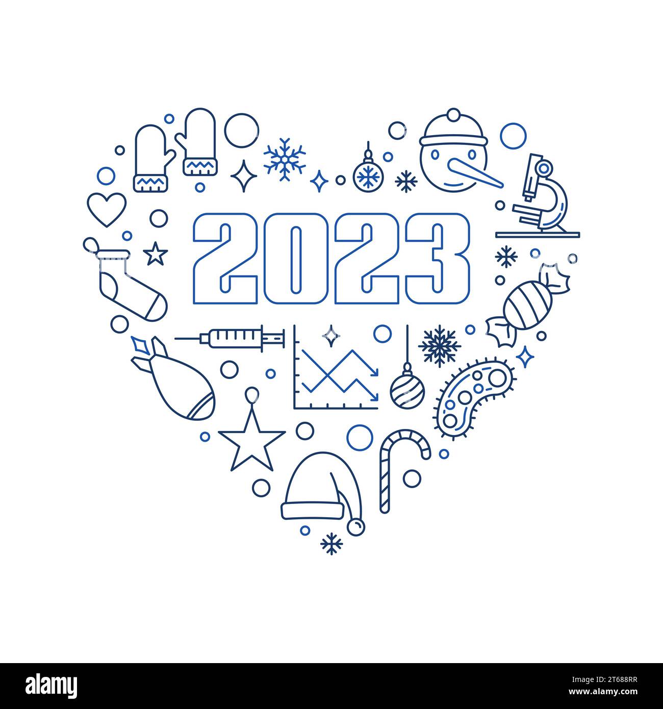 2023 Merry Christmas funny outline heart shaped illustration - Happy New Year vector concept banner in line style Stock Vector