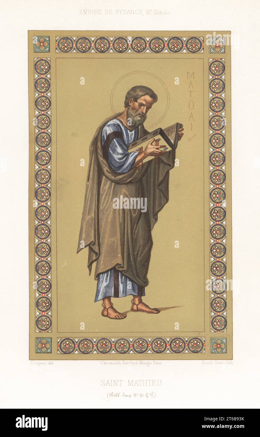 Saint Matthew, Byzantine Empire, 10th century. In halo, blue tunic with gold clavus or stripe under a pallium, reading the Gospels. Saint Mathieu, Empire de Byzance, Xe Siecle. From MS 70 G, Bibliotheque Imperiale. Chromolithograph by Emile Beau after an illustration by Claudius Joseph Ciappori from Charles Louandres Les Arts Somptuaires, The Sumptuary Arts, Hangard-Mauge, Paris, 1858. Stock Photo