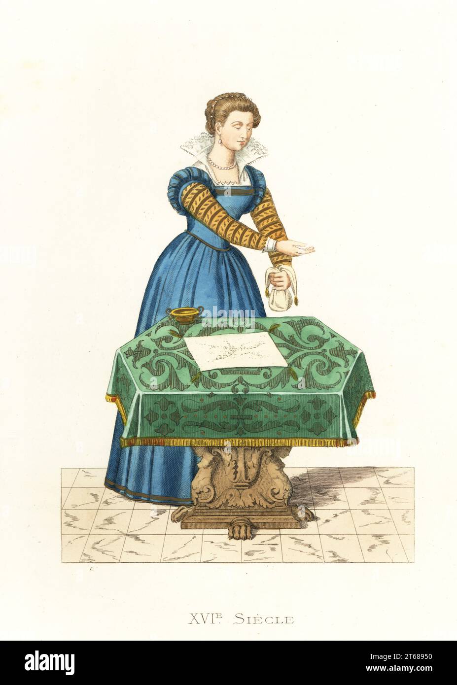 Young Venetian woman separating silk eggs. She wears a blue gown with gold sleeves, lace fan collar, blonde hair with pearl band. She stands before a table about to pour silk eggs into a glass of warmed Malvasia wine. Jeune Venetienne. After a handcoloured woodcut in Dialoghi di Magino Gabrielli Hebreo Venetiano, 1588, a book about extracting silk thread from the cocoon twice a year.. Handcolored lithograph after an illustration by Edmond Lechevallier-Chevignard from Georges Duplessis's Costumes historiques des XVIe, XVIIe et XVIIIe siecles (Historical costumes of the 16th, 17th and 18th centu Stock Photo