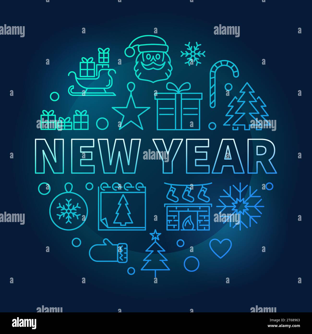 New Year round vector blue bright illustration or greeting card in thin line style Stock Vector